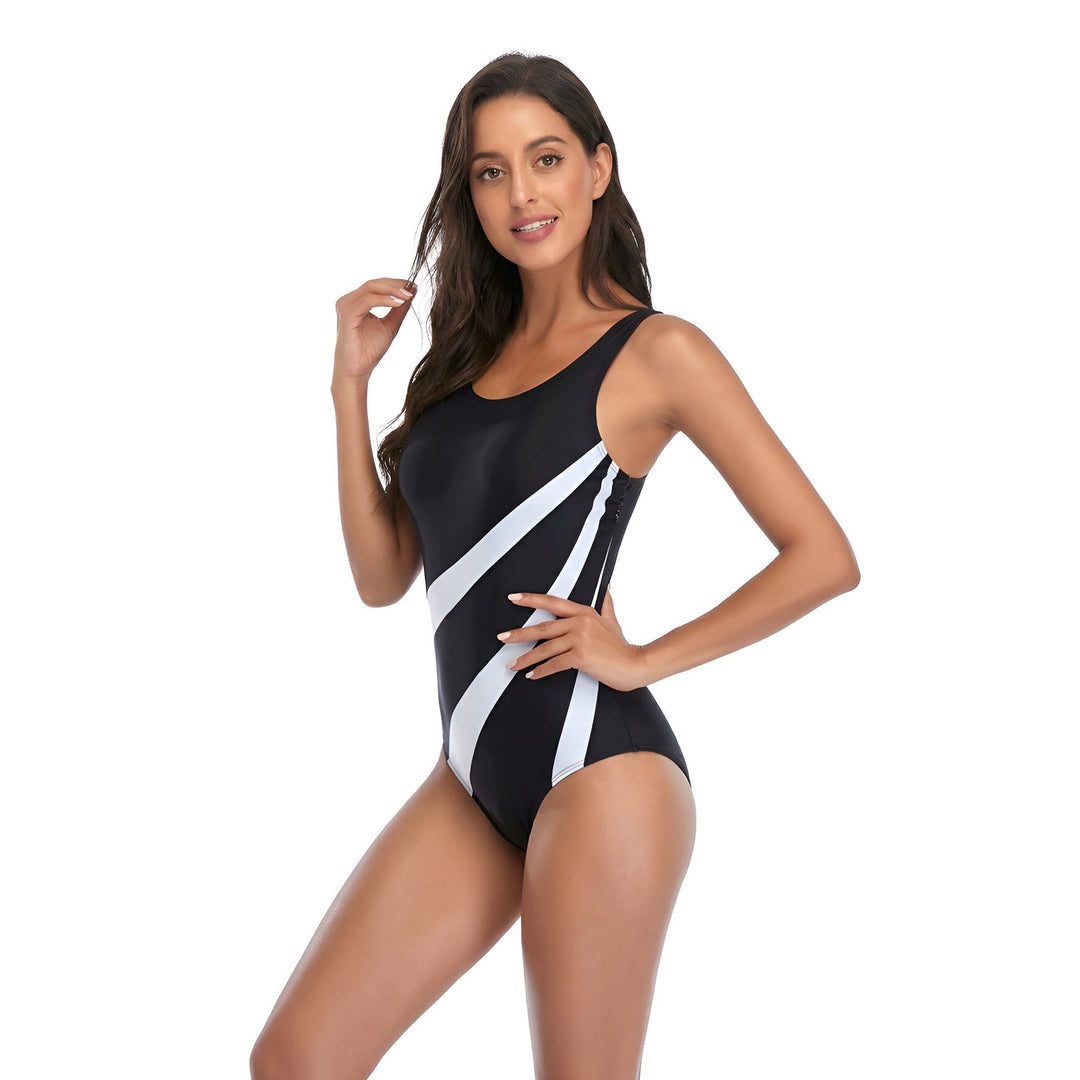 Damen Sportlicher Einteiler Badeanzug mit modischen Linien Drune