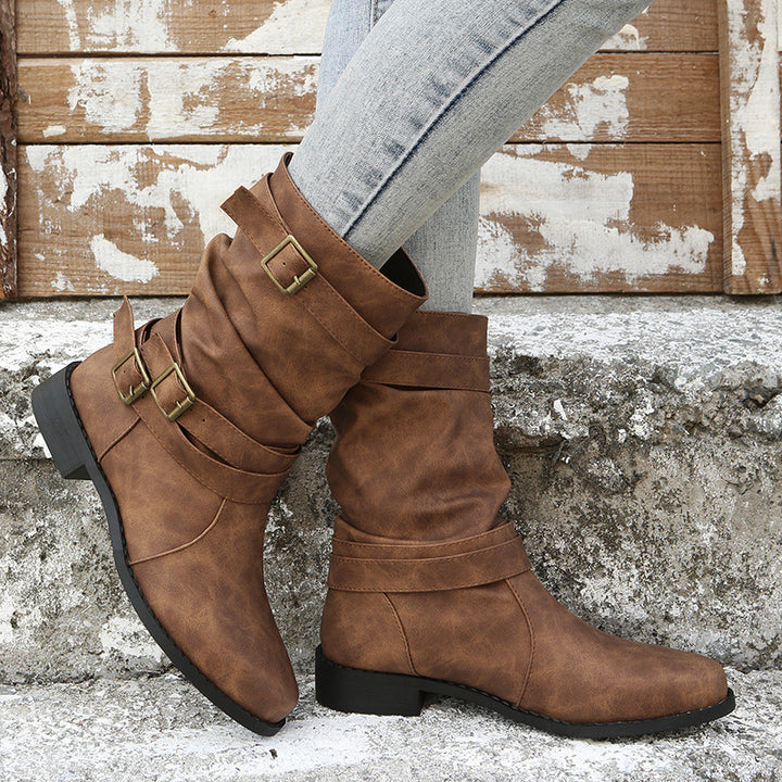 Damen nan lässige knöchelhohe Stiefelette mit gerafftem Schaft, dekorativen Schnallenriemen und flexibler Profilsohle Drune