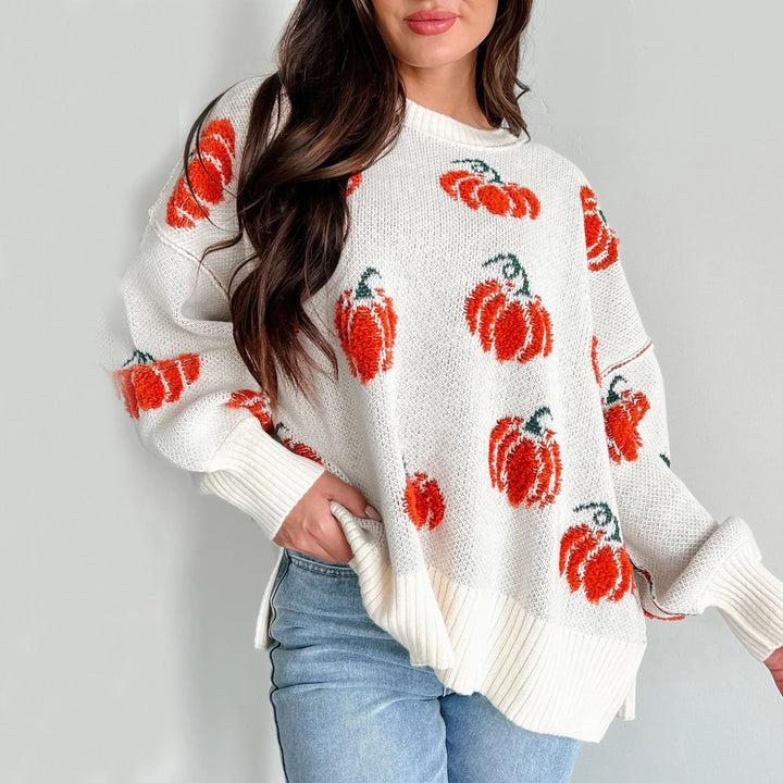 Damen Großer Strickpullover mit Kürbis-Motiv Drune