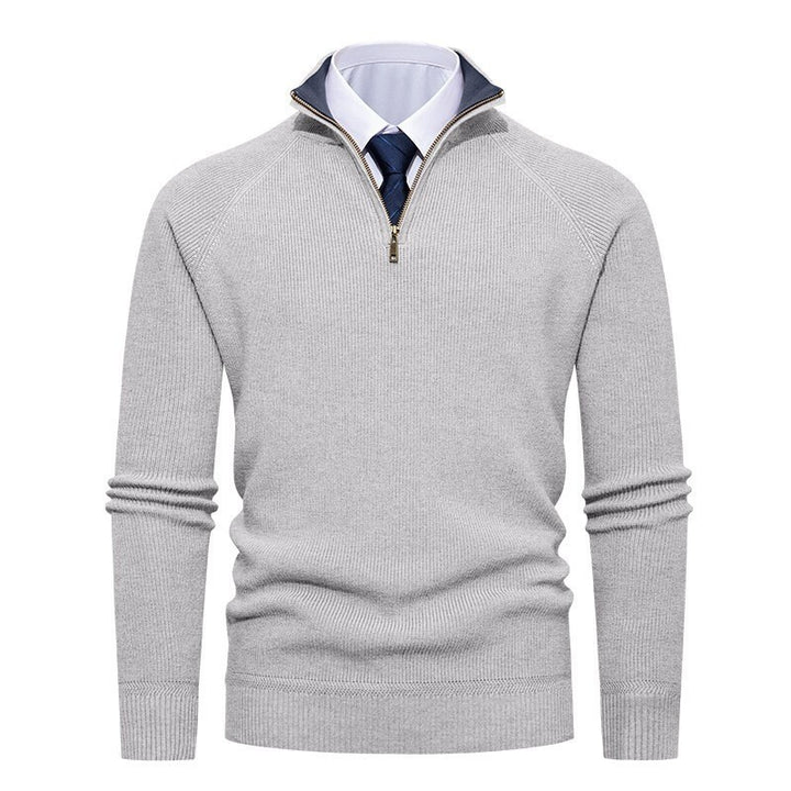Herren nan feiner Strickpullover mit Halbzip, strukturierter Rippoptik und innen kontrastiertem Stehkragen Drune