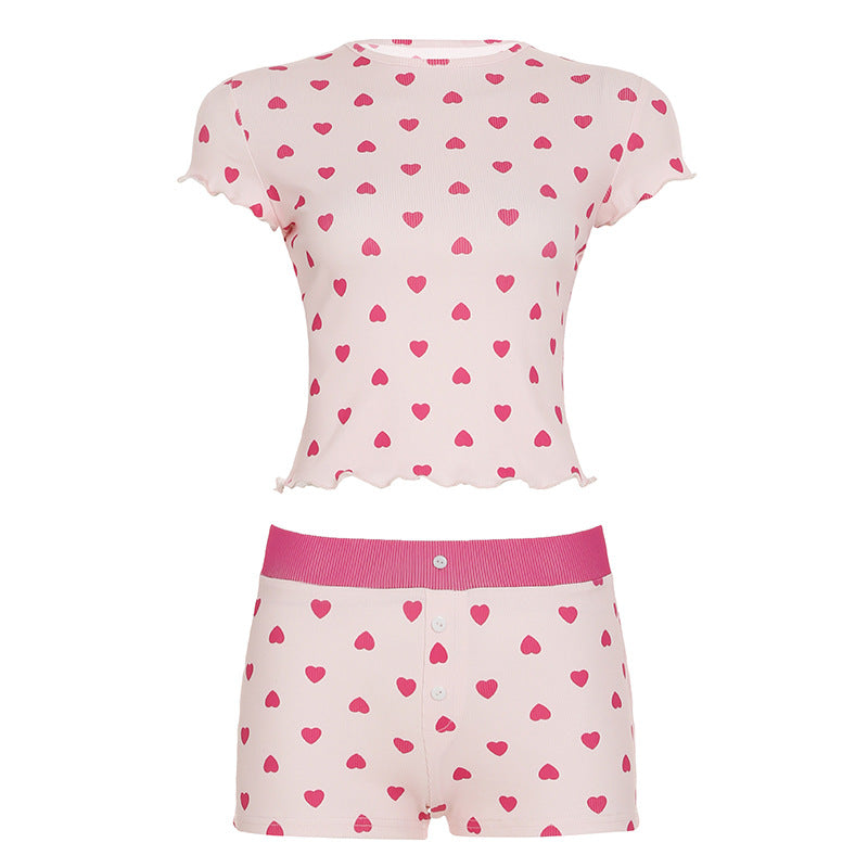 Damen Pyjama-Set mit Herzmuster und dekorativem Gummibund Drune