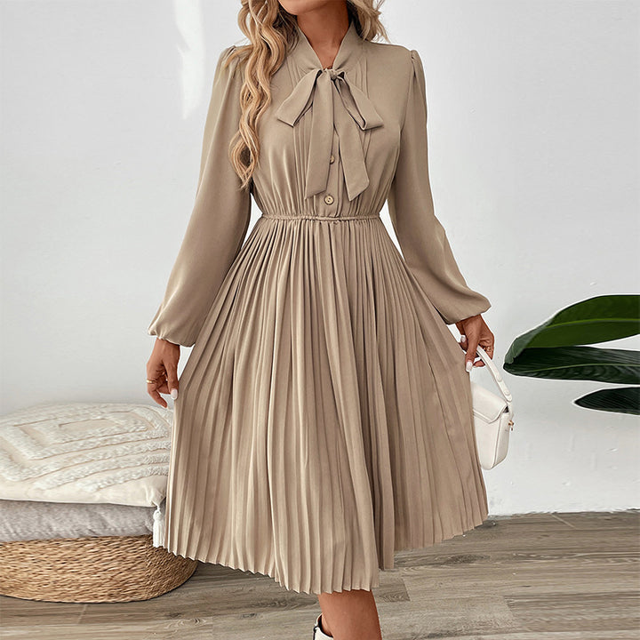 Damen elegantes plissiertes Kleid mit schickem Kragen und Bindegürtel Drune
