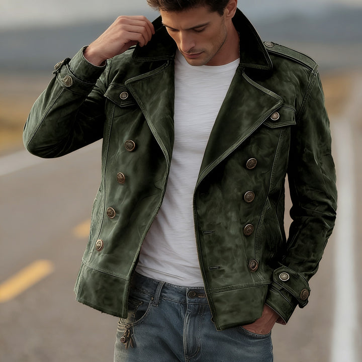 Herren nan doppeltreihige Vintage-Lederjacke mit Reverskragen und Schulterpatten Drune