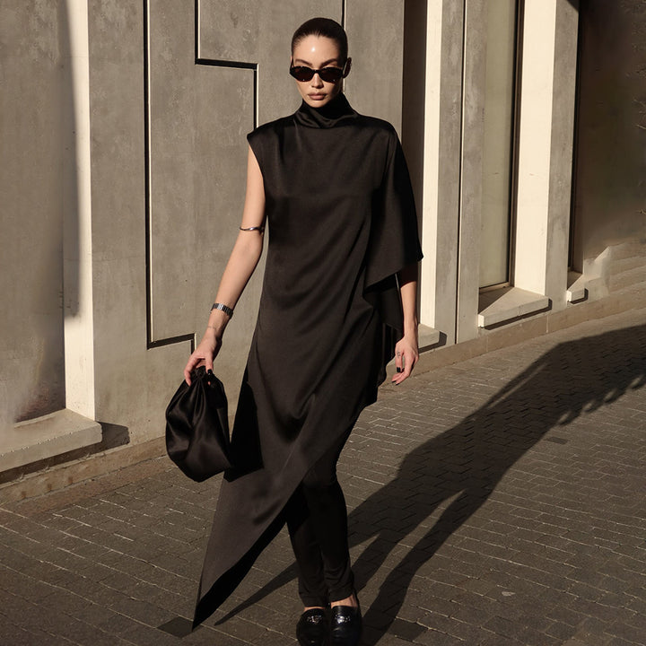 Damen Maxikleid mit asymmetrischem Schnitt und hohem Kragen Drune