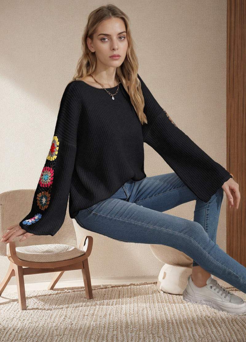 Damen lässiger Strickpullover mit buntem Häkelmotiven und weitem Schnitt Drune