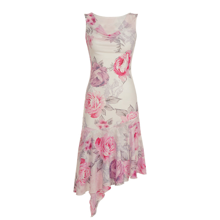 Damen elegantes asymmetrisches Kleid mit floralen Akzenten Drune