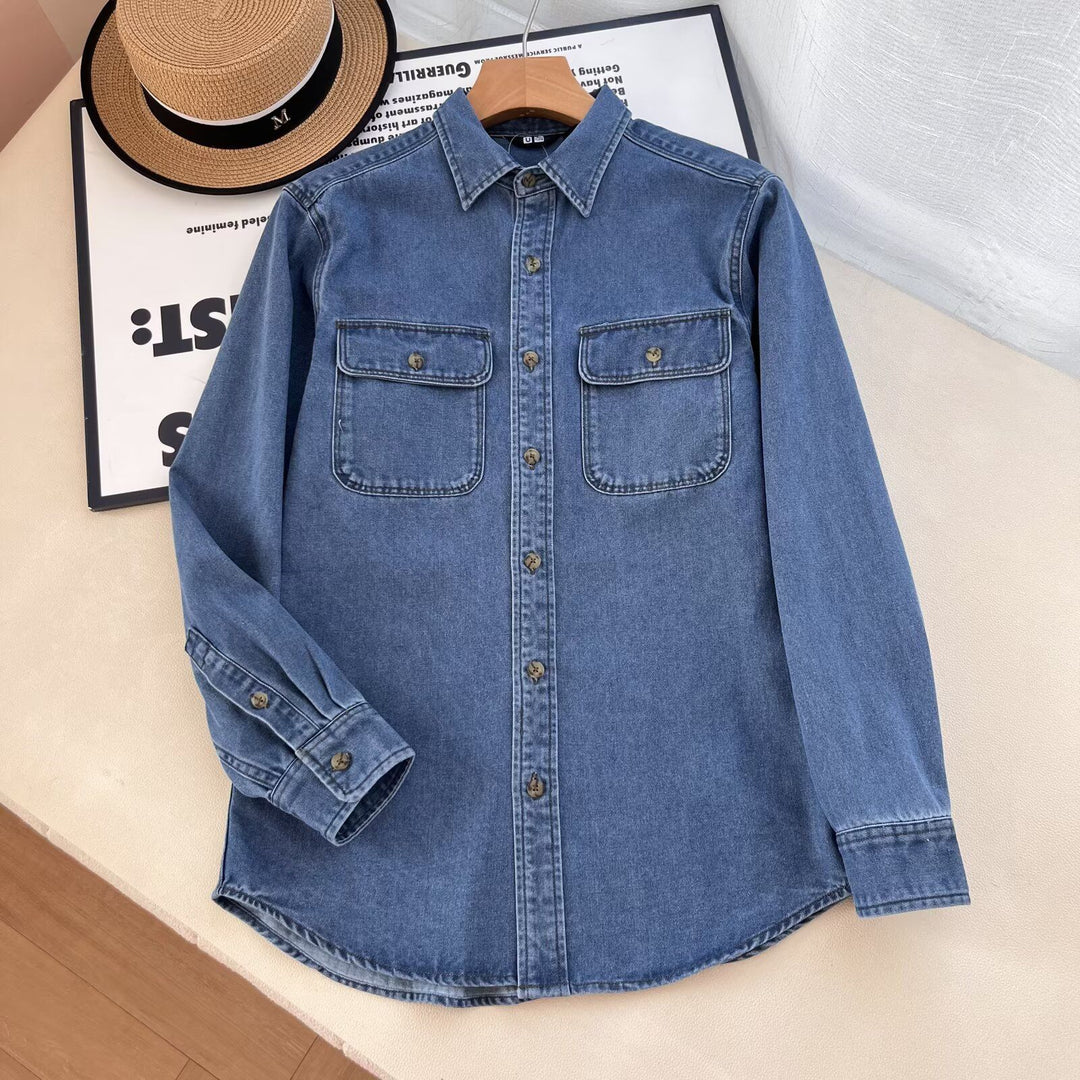 Damen Lässige Denim-Hemdbluse mit Brusttaschen Drune