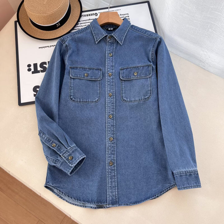 Damen Lässige Denim-Hemdbluse mit Brusttaschen Drune