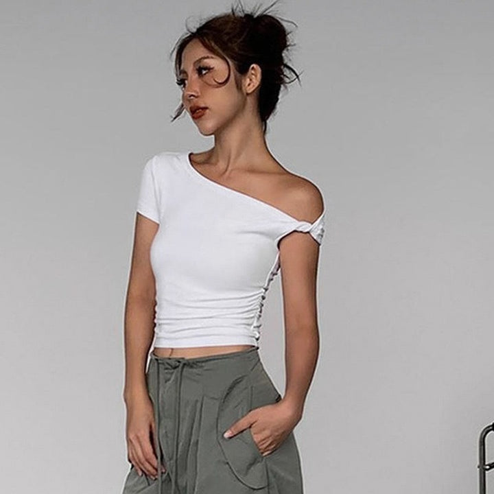 Damen Schulterfreies Crop-Top mit Raffung und modischen Knoten Drune