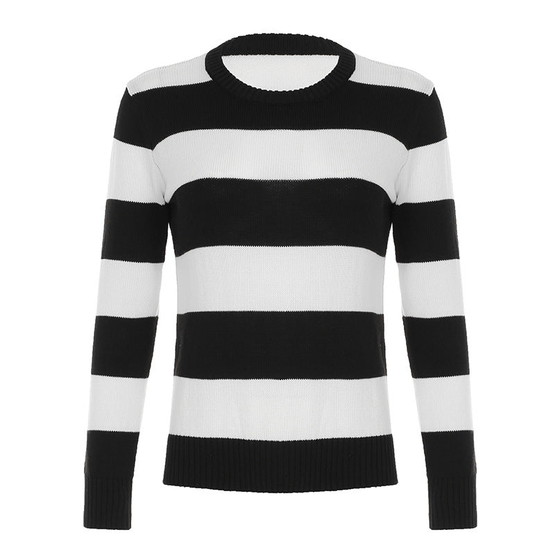 Damen nan gestreifter Rundhals-Pullover aus Feinstrick mit gerippten Bündchen und schmaler Passform Drune