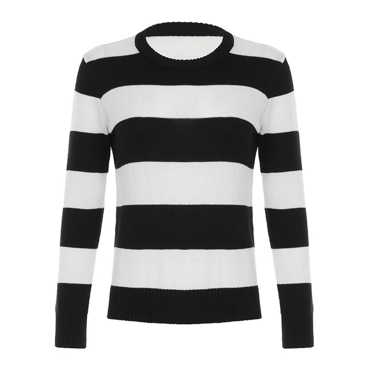 Damen nan gestreifter Rundhals-Pullover aus Feinstrick mit gerippten Bündchen und schmaler Passform Drune