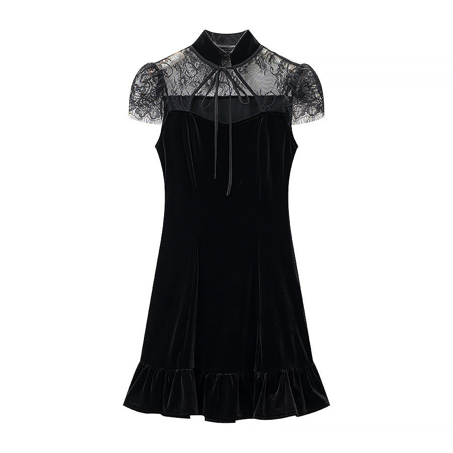 Damen Abendkleid mit transparenten Spitzenärmel und Rüschensaum Drune