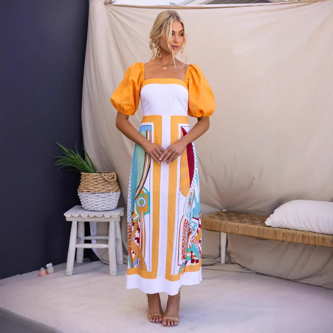 Damen Maxikleid mit kreativem Kunstdruck und Puffärmeln Drune