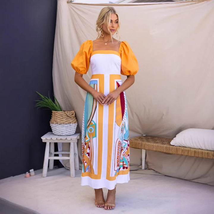 Damen Maxikleid mit kreativem Kunstdruck und Puffärmeln Drune