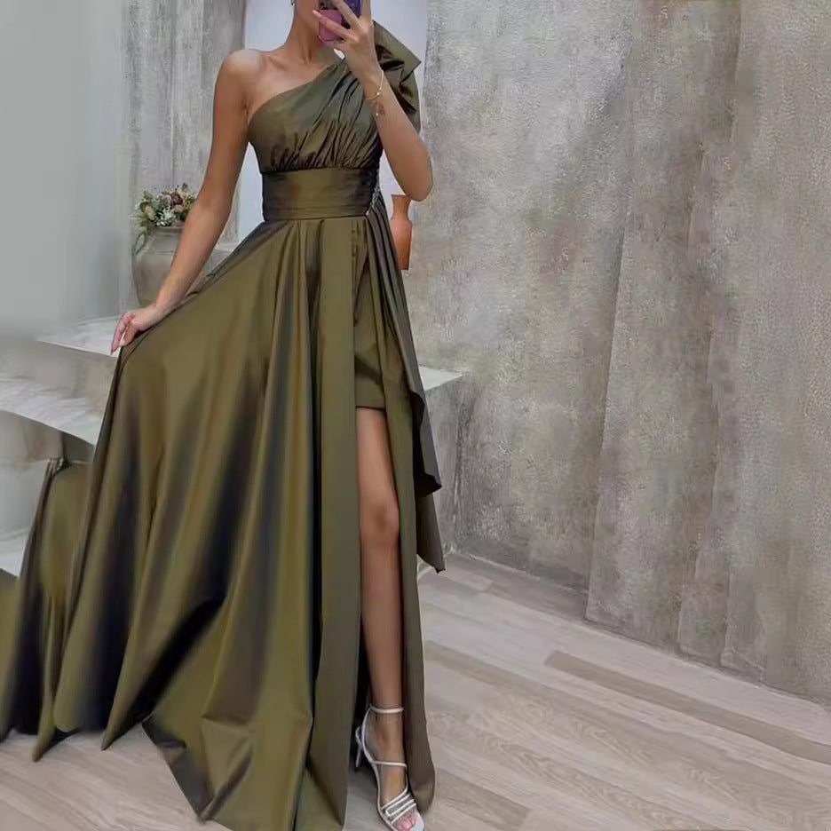 Damen asymmetrisches Maxikleid mit elegantem Schnitt und hohem Schlitz Drune