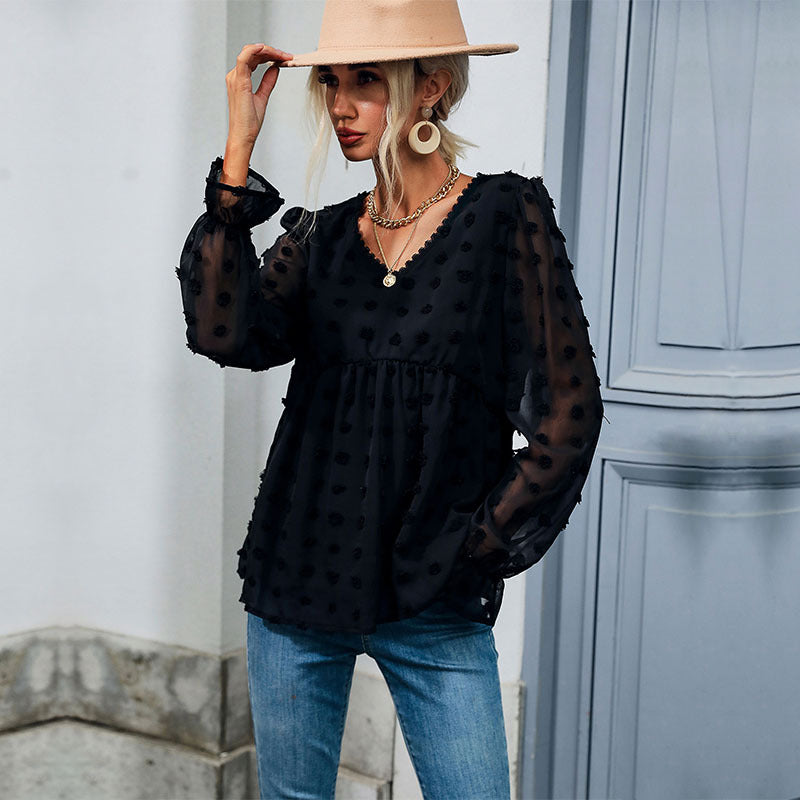 Damen luftige Bluse mit Rüschendetails und dekorativem Punkte-Design Drune
