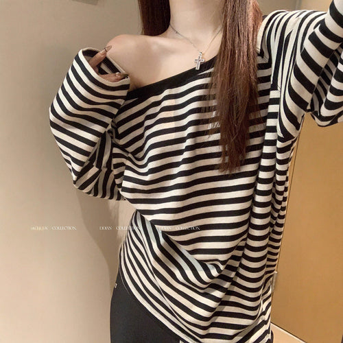 Damen lässiges Oversized-Off-Shoulder Langarmshirt mit Streifenmuster Drune