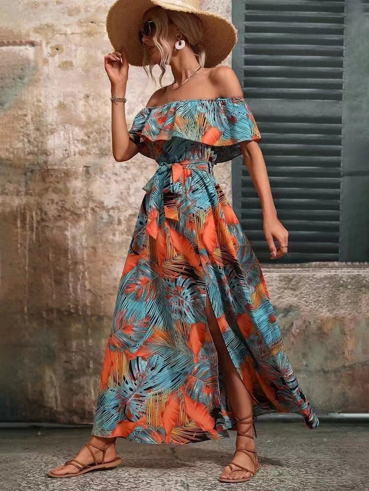 Damen Maxikleid mit off-shoulder Design und tiefem Schlitz Drune
