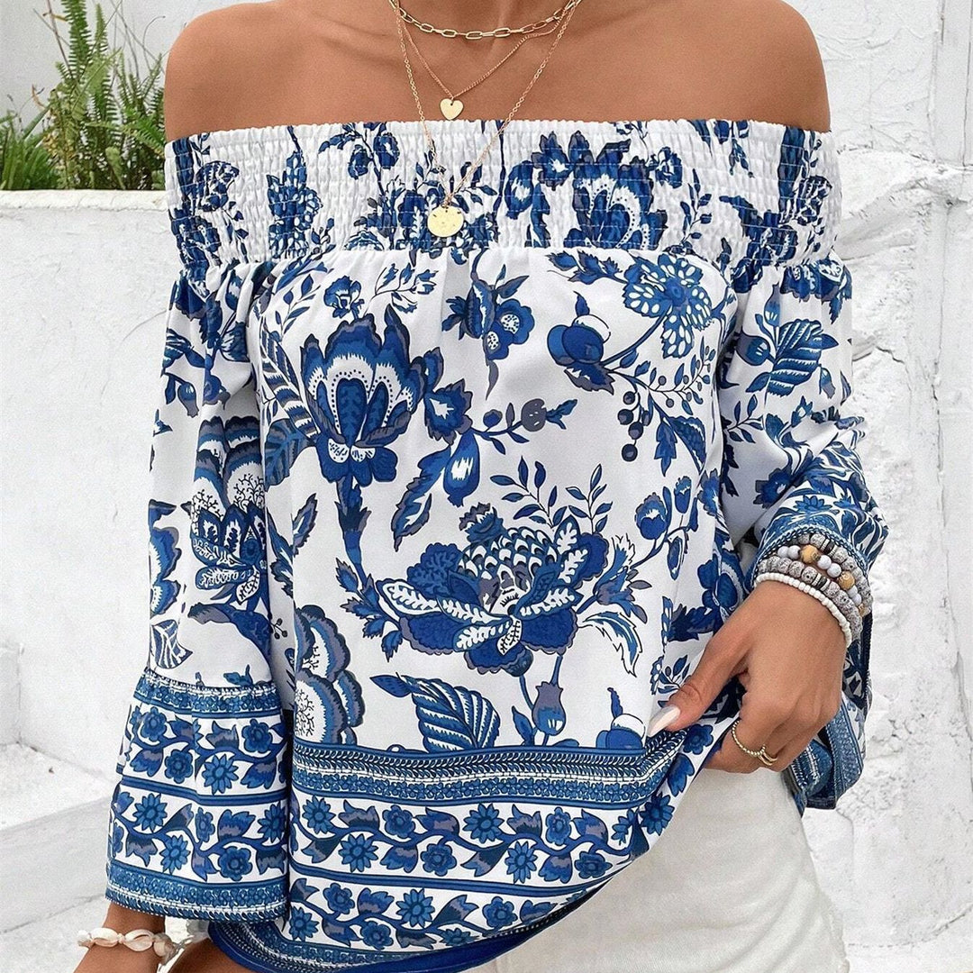 Damen Off-Shoulder Bluse mit floralen Mustern und elastischem Bündchen Drune