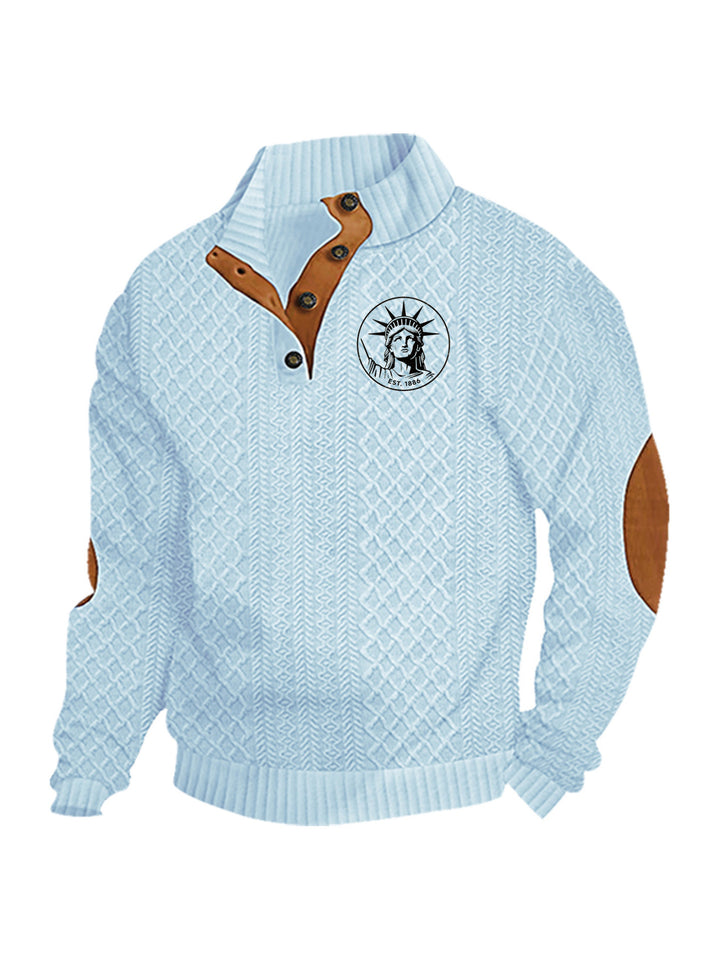 Herren nan Heritage-Strukturpullover mit Stehkragen Lederimitat-Besatz Ellenbogen-Patches und Halbknopfleiste Drune