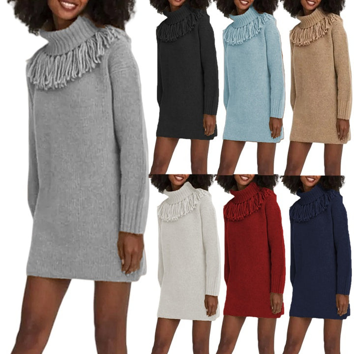 Damen Strickkleid mit hohem Rollkragen und modischen Fransen Drune