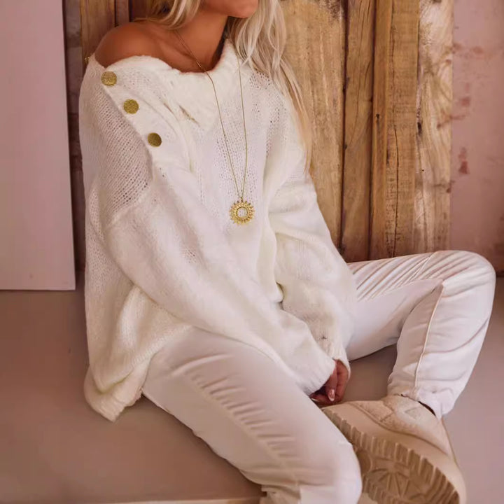 Damen Grobstrickpullover mit hohem Kragen und modischen Knopfdetails Drune