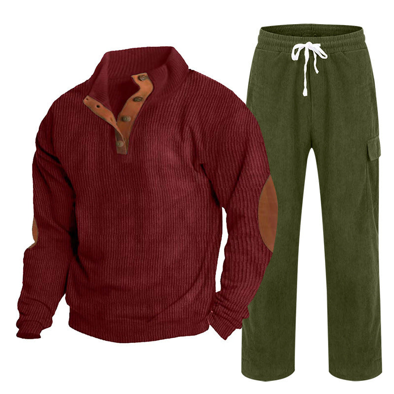 Herren nan Strick-Freizeitset mit Knopfleiste und Ellenbogenaufnähern sowie Cord-Cargohose Drune