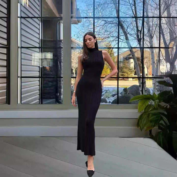 Damen figurbetontes Maxikleid mit hohem Kragen und elegantem Rippmuster Drune