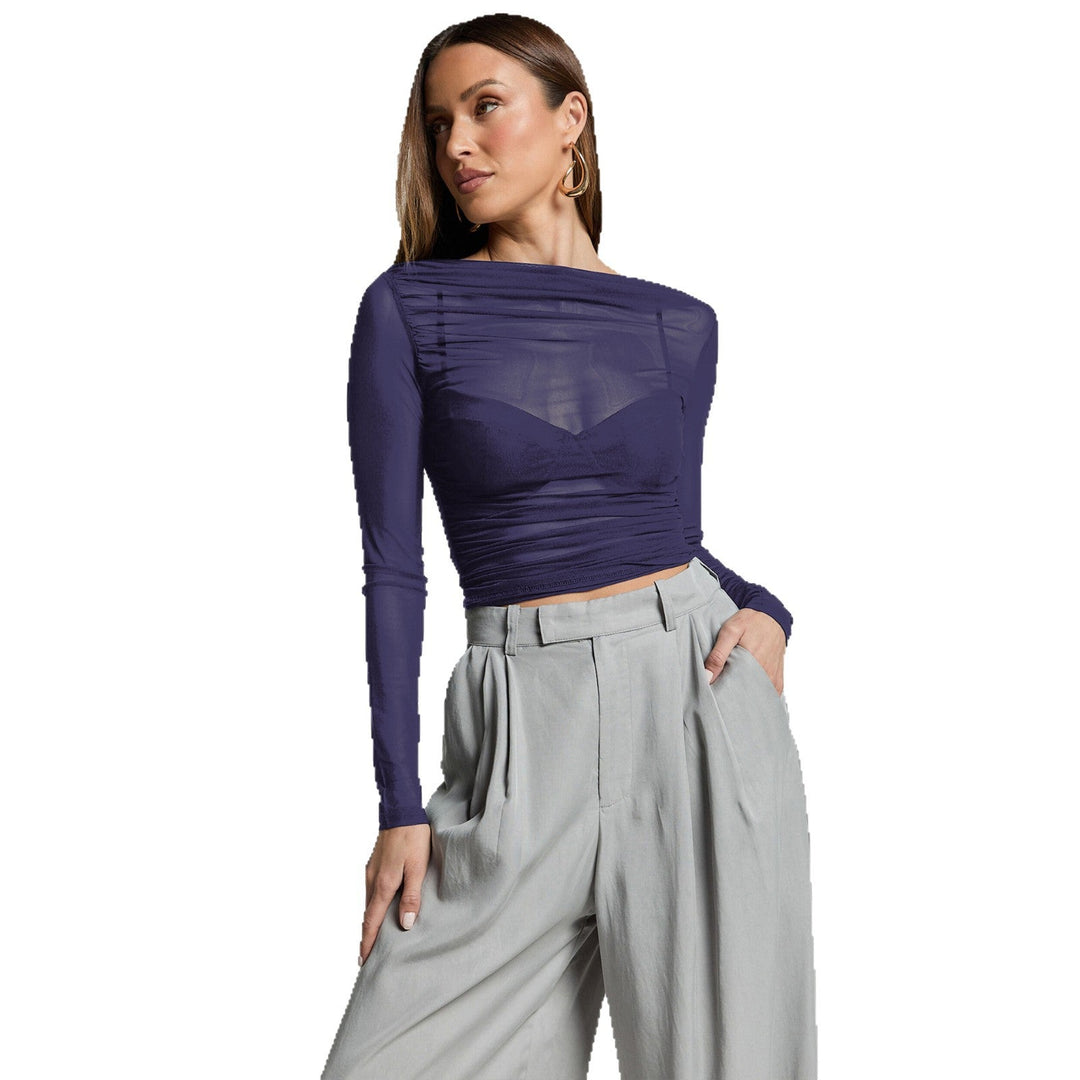 Damen Elegantes Langarmoberteil mit transparentem Mesh und Raffung Drune