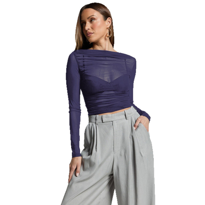 Damen Elegantes Langarmoberteil mit transparentem Mesh und Raffung Drune