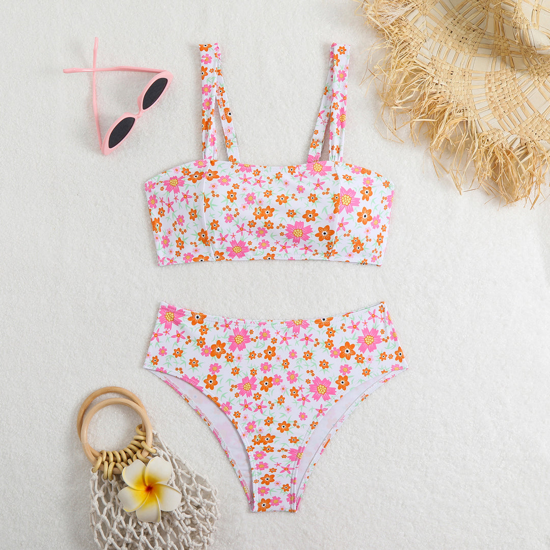 Damen Zweiteiliges Crop-Top Bikini-Set mit floralem Design und breiten Trägern Drune
