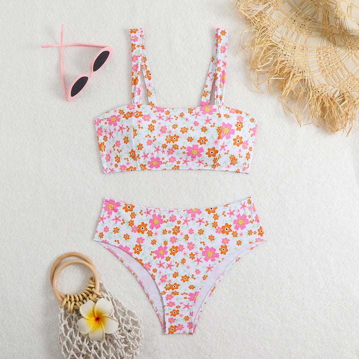 Damen Zweiteiliges Crop-Top Bikini-Set mit floralem Design und breiten Trägern Drune