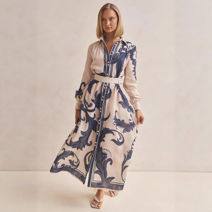 Damen Langarmhemdkleid mit floralen Akzenten und Taillengürtel Drune