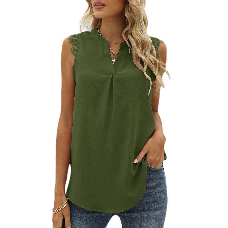 Damen ärmelloses Blusenshirt mit elegantem Spitzeneinsatz und modischen Falten Drune