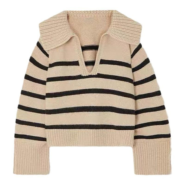 Damen Modischer Strickpullover mit tiefem V-Ausschnitt und übergroßen Kragen Drune