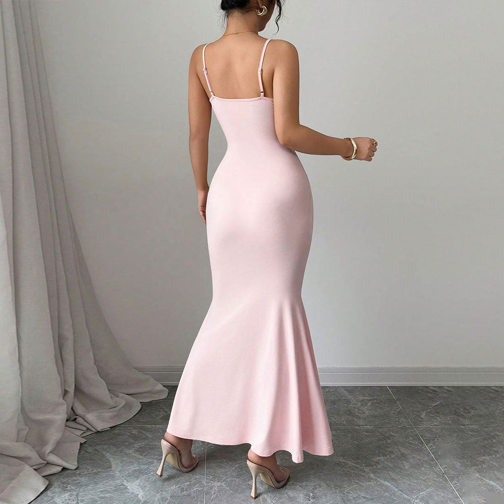 Damen figurbetontes Maxikleid mit Spaghettiträgern und raffiniertem Drapierungsdesign Drune
