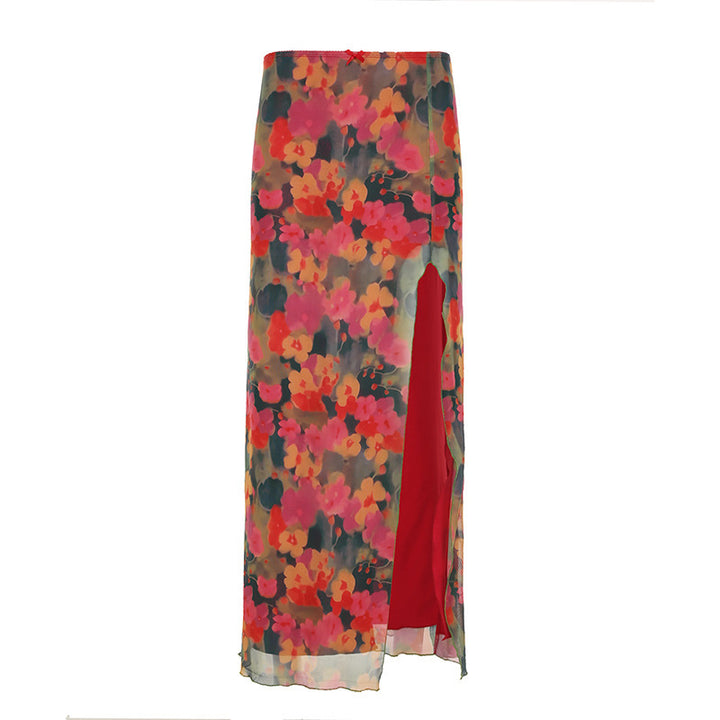 Damen Maxi-Rock mit floralem Chiffon-Design und seitlichem Schlitz Drune