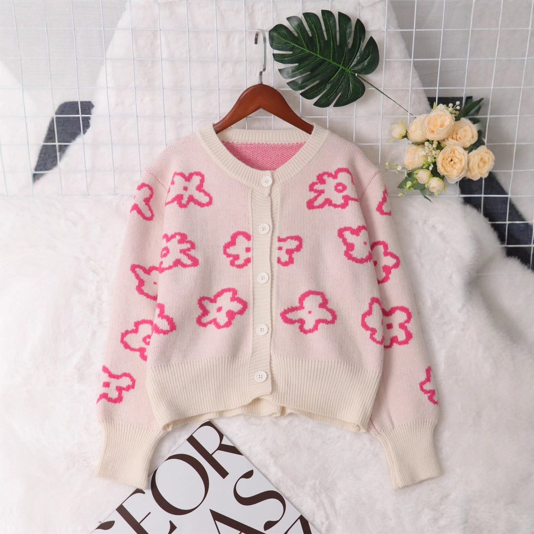 Damen Strickjacke mit floralem Muster und Knopfverschluss Drune