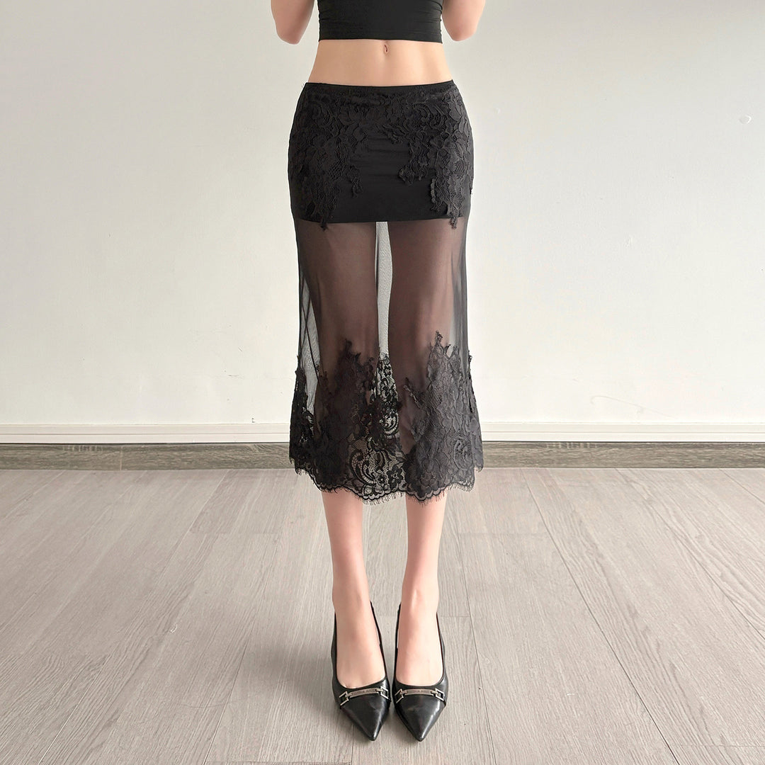 Damen Spitzenrock mit transparentem Unterkleid und verzierten Rüschen Drune