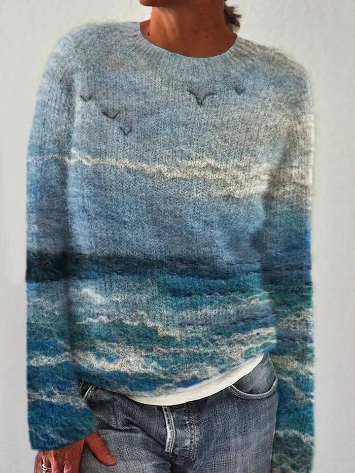 Damen nan bestickter Strickpullover mit reliefartiger Blumenstickerei und Rundhalsausschnitt Drune