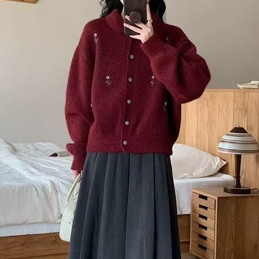 Damen Komfortable Strickjacke mit floralem Design und Knopfverschluss Drune