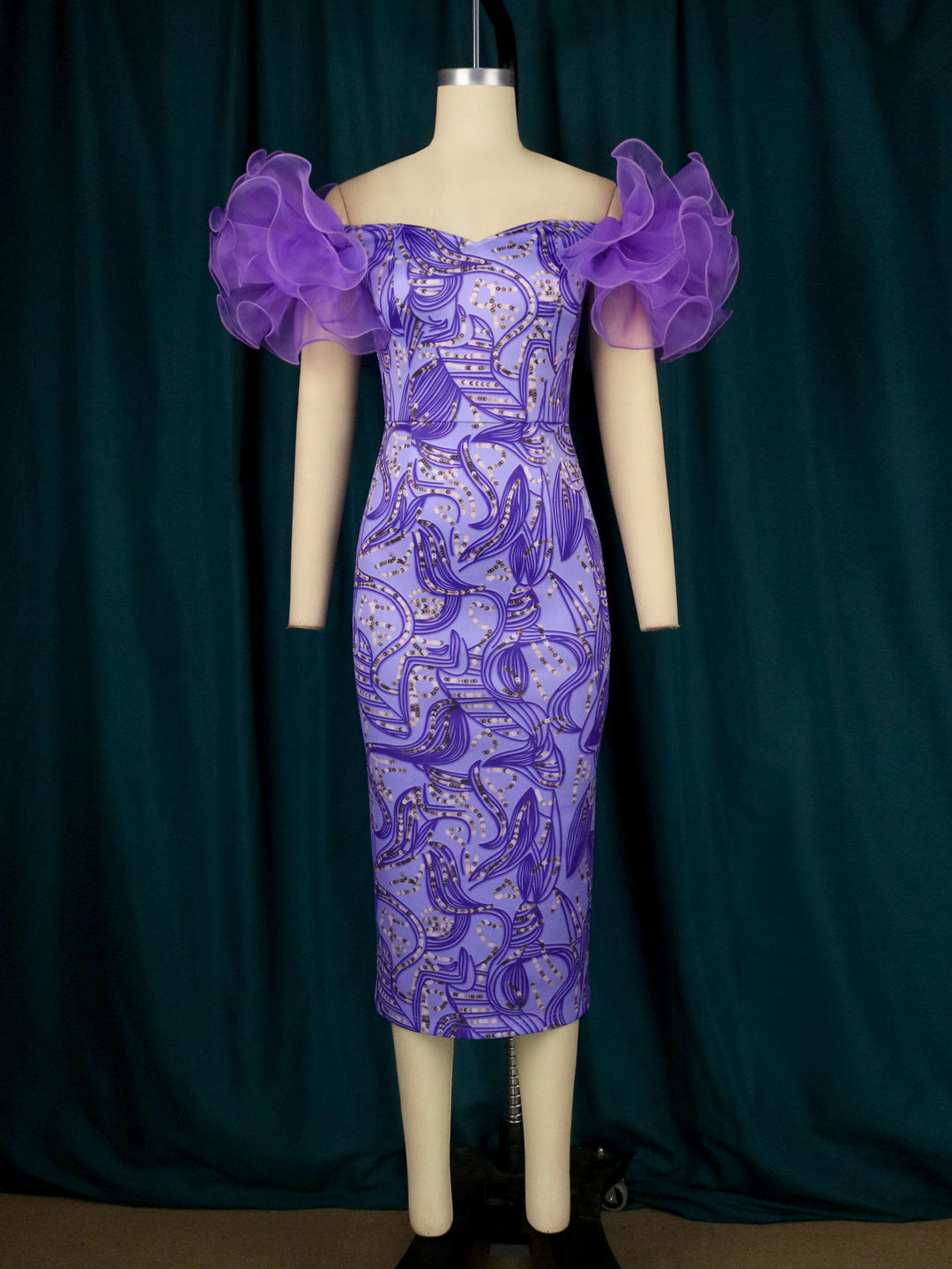 Damen Elegantes Midi-Kleid mit innovativen Puffärmeln und kunstvollem Druck Drune