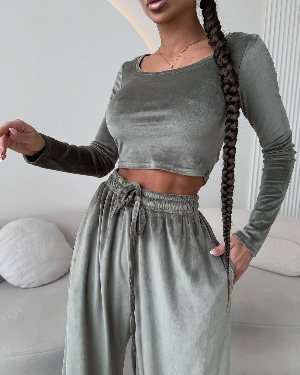 Damen Elegantes und bequemes Lounge-Set mit cropped Oberteil und weit geschnittenen Hosen Drune