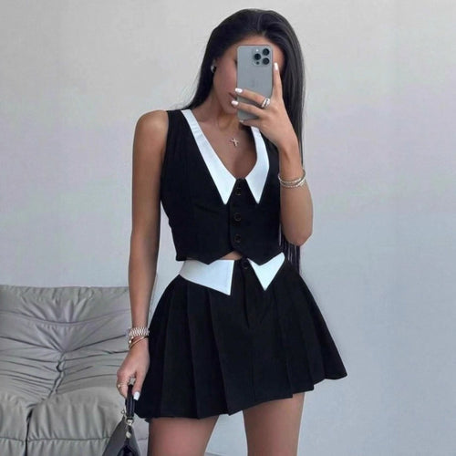 Damen schickes ärmelloses Blazer-Set mit Faltenrock Drune