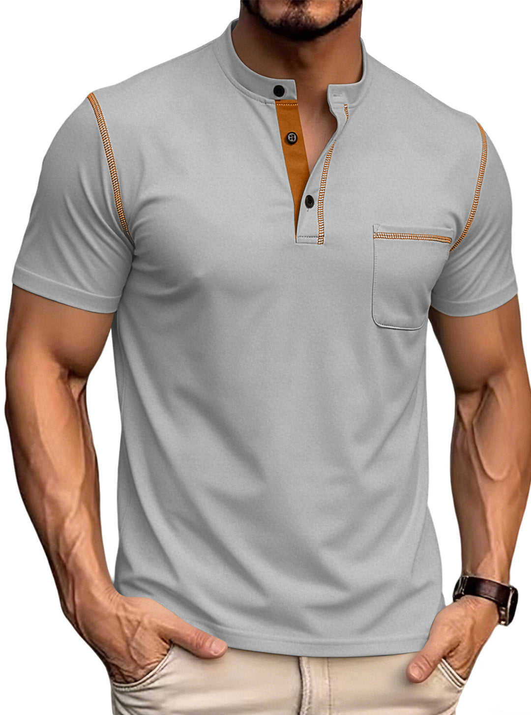 Herren nan kurzärmeliges Henley-Shirt mit Stehkragen, Brusttasche und kontrastierenden Ziernähten Drune