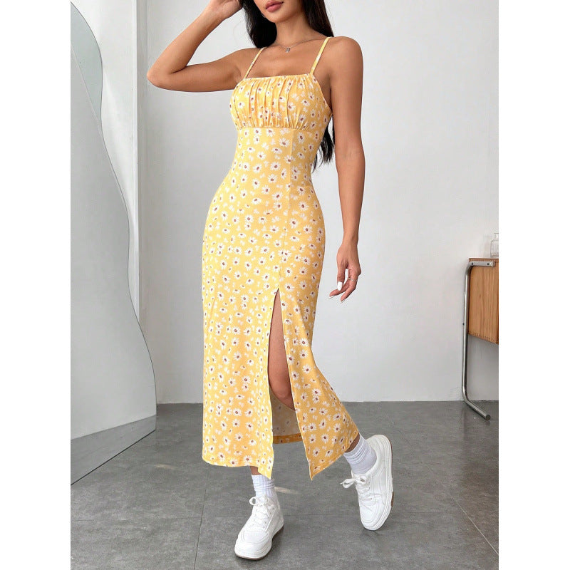 Damen Blumenkleid mit Spaghettiträgern und seitlichem Schlitz Drune