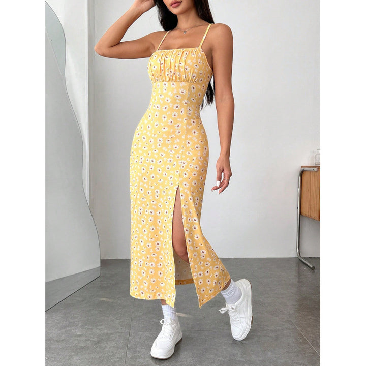 Damen Blumenkleid mit Spaghettiträgern und seitlichem Schlitz Drune