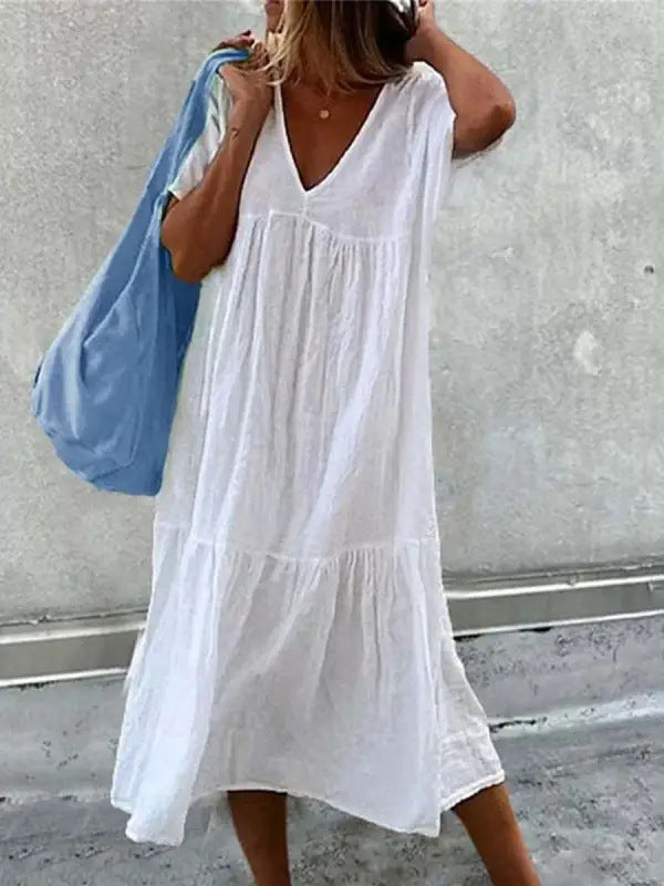Damen lässiges Sommerkleid mit V-Ausschnitt und voluminösem Rock Drune