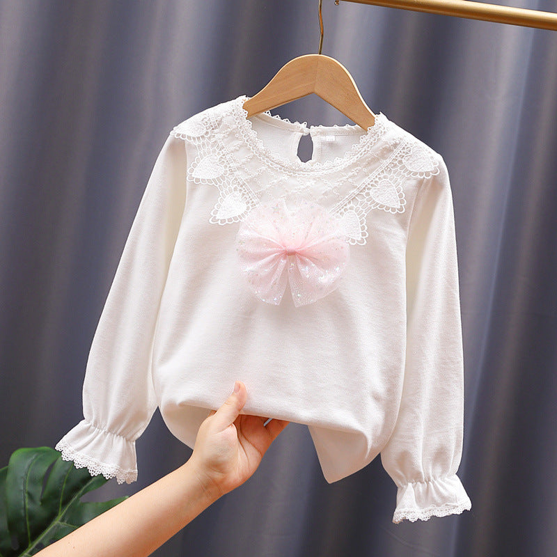 Mädchen Langarmshirt mit niedlicher Spitzenverzierung und Schleifendekor Drune