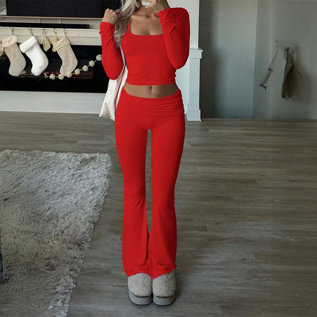 Damen nan figurbetontes Cropped-Set mit langärmeligem Top mit quadratischem Ausschnitt und ausgestellter High‑Waist Yoga-Hose Drune